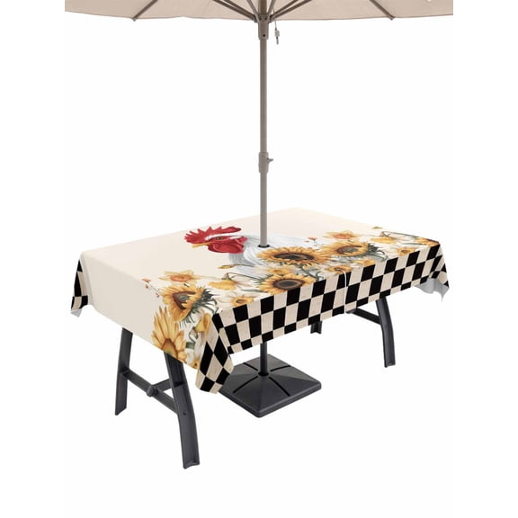 Outdoor Tablecloth with Umbrella Hole for Patio/Picnic/Party/Camping, Sunflowers Rooster Waterproof Table Cloth Rectangle Table Cover Washable, Farmhouse Vintage Black White Plaid (60"x 84")