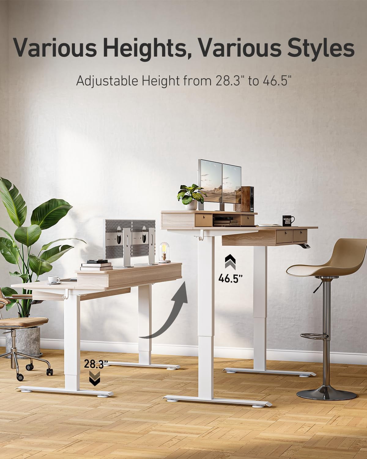 DESINO 55 x 30 Inch Height Adjustable Electric Standing Desk with Drawers, Stand Up Table with Large Storage Shelf, Sit Stand Desk for Home Office, Light Rustic Brown
