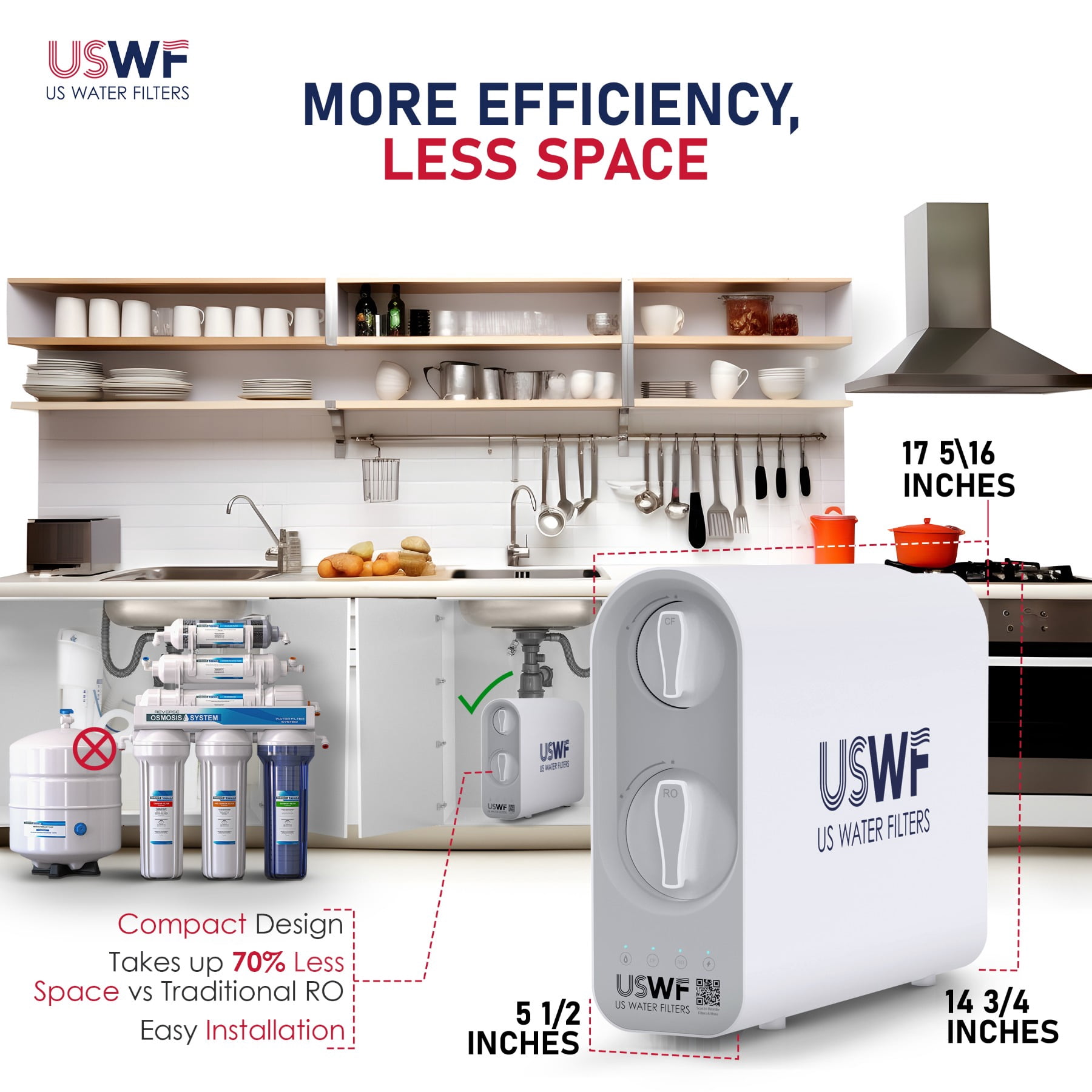 USWF Tankless RO System, 600 GPD, 2:1 Pure to Drain, Automatic Flushing, LED Smart Faucet, Reduces T