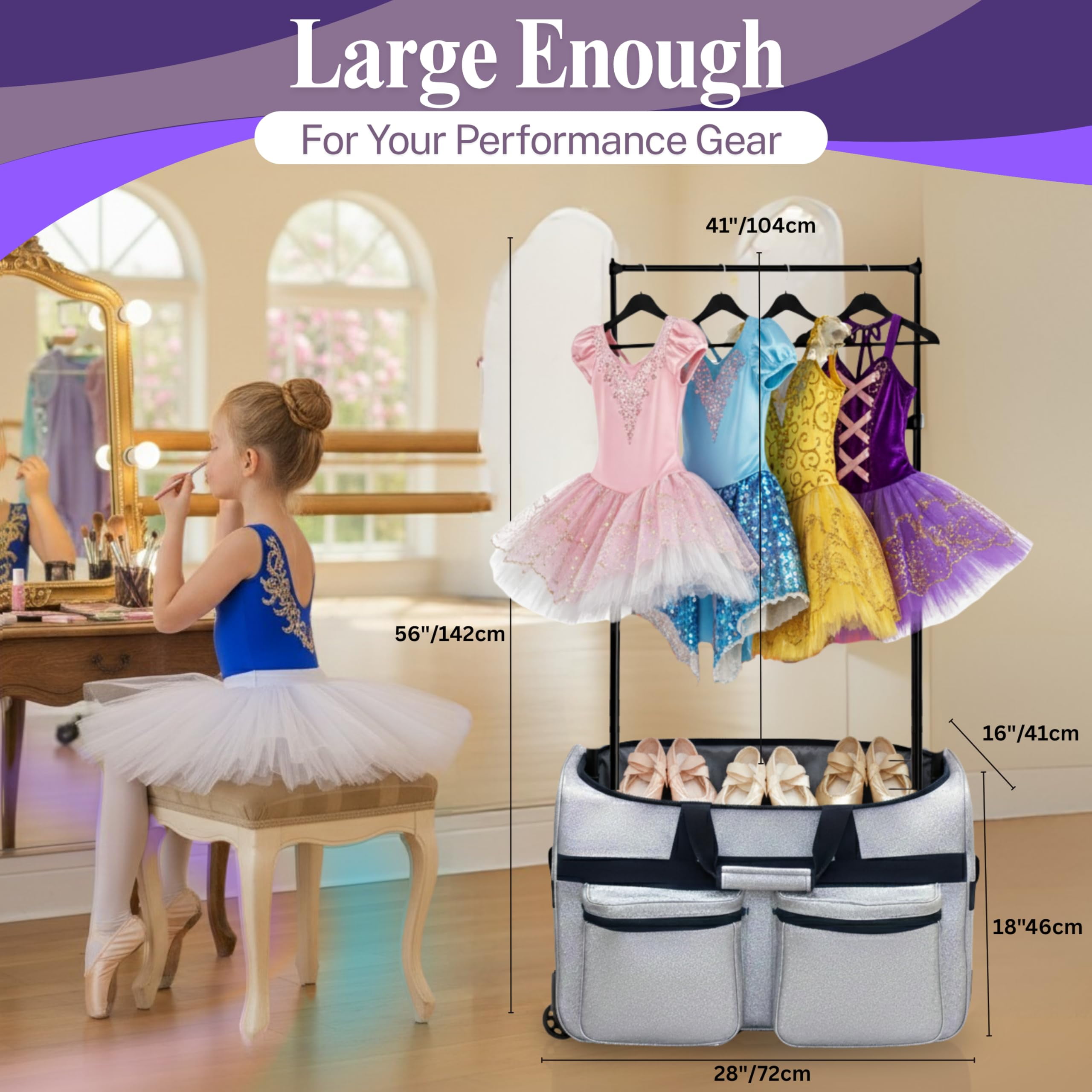 28″ Rolling Dance Trolley Bag With Garment Rack & Foldable Mirror – Wheeled Upright Duffel Travel Suitcase for Shows & Competitions (Sparkling Silver)