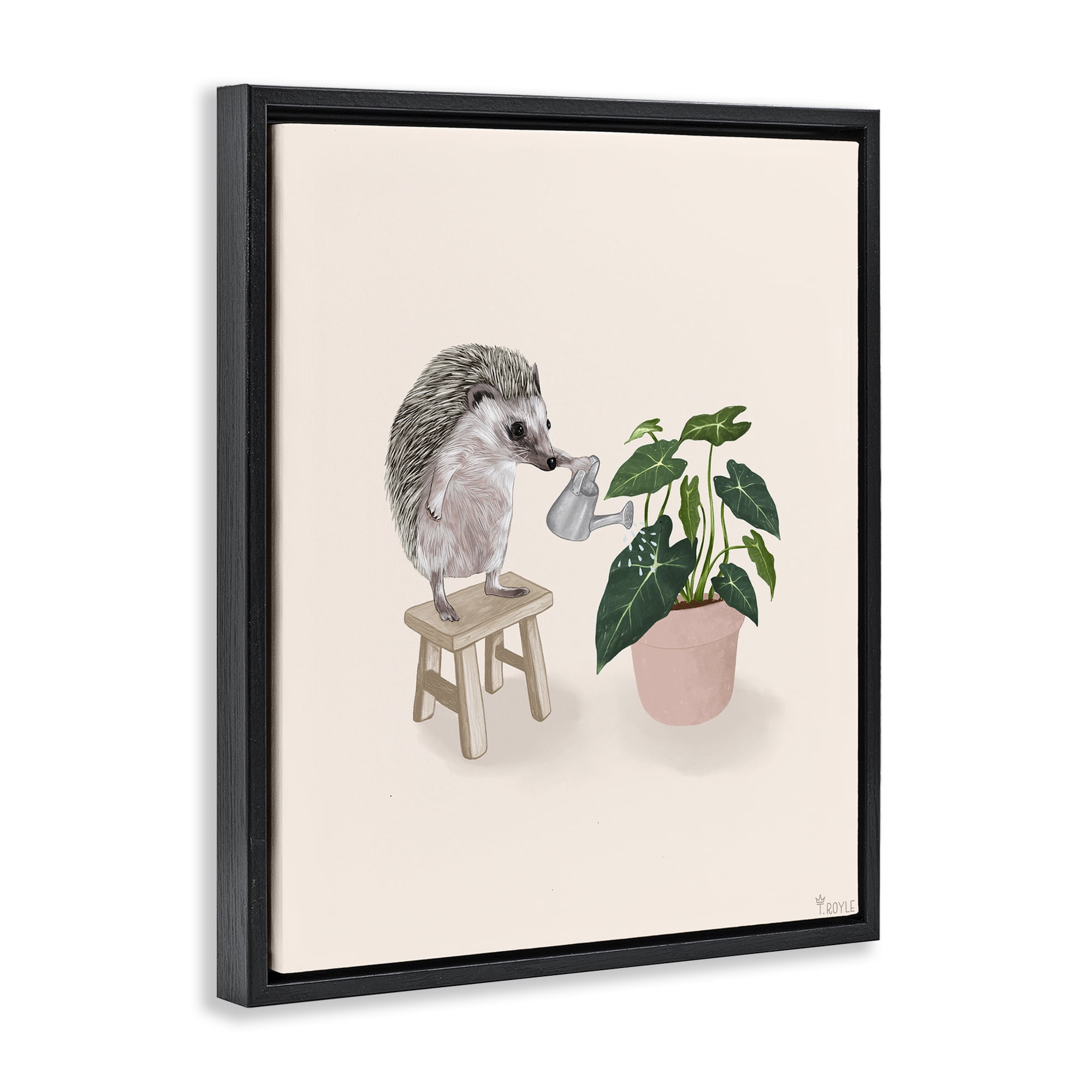 Stupell Industries Hedgehog Watering Plant Animals & Insects Painting Black Floater Framed Canvas Art Print Wall Art, 25 x 31