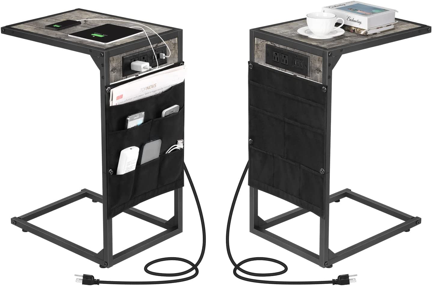 Set of 2 C Shaped End Table with Charging Station, Snack Side Table, C