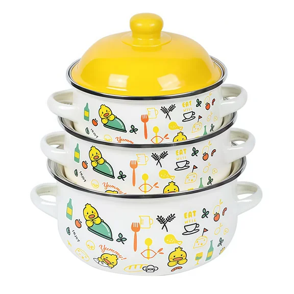 VAETTLO 3Pcs Vintage Enamel Stock Pot Set with Lid,34oz/51oz/68oz Retro Flower Cooking Pot, Flat Bottom Stew Pot with Dual Handles for Induction & Gas Stove Kitchen Use