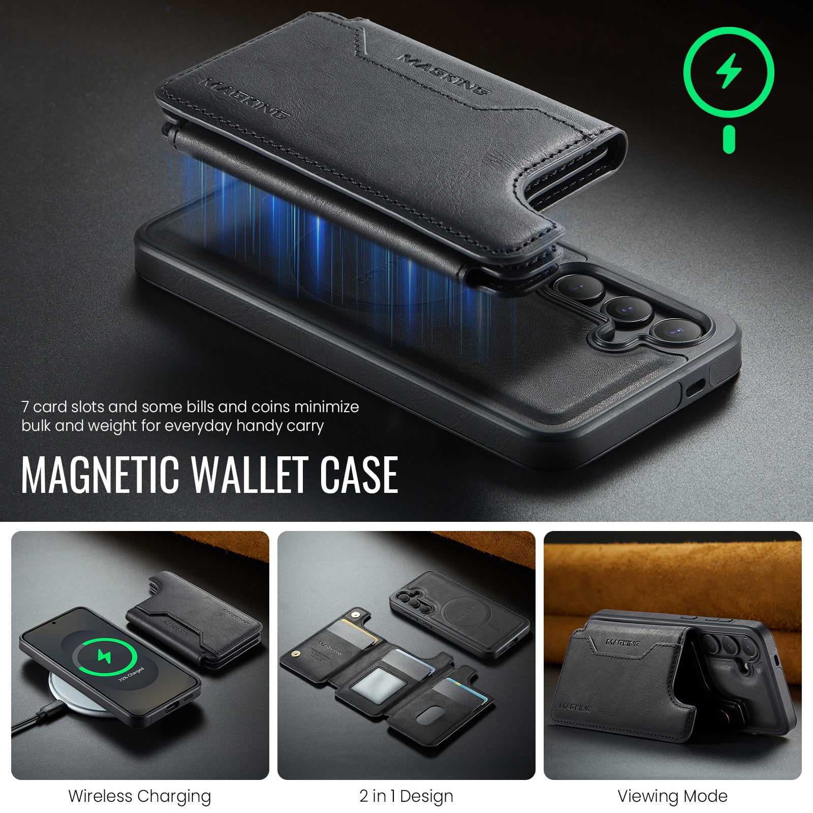 Designed for Samsung Galaxy S25 Wallet Phone Case,Magnetic Detachable Flip Card Holder,Back Flip Kickstand,Compatible with Mag-Safe,2-in-1 PU Leather Heavy Duty Shockproof Phone Case,Black