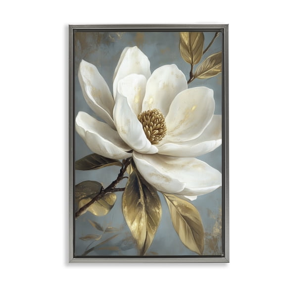 Stupell Industries Bloomed White Magnolia Floral Gray Framed Floater Canvas Wall Art, design by Petal Prints Design