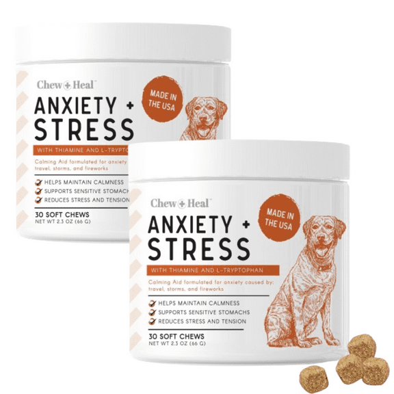 (2 pack) Chew + Heal Dog Anxiety & Stress Relief Vitamin (30 Chews) Calming Support Supplements for Travel, Storms, Fireworks