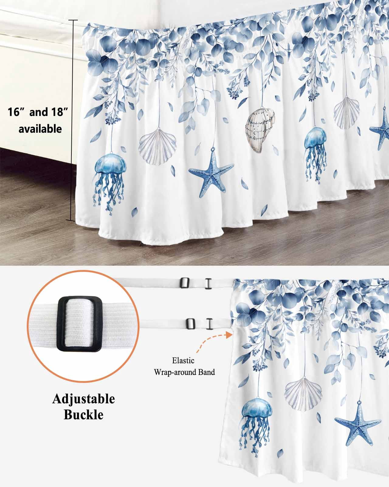 Blue Coastal Wrap Around Bed Skirts for King Bed 18" Drop,Bed Skirt with Adjustable Elastic Belt Dust Ruffle Bed Valance Summer Eucalyptus Leaves Beach Ocean Starfish Nautical Bed Frame Cover