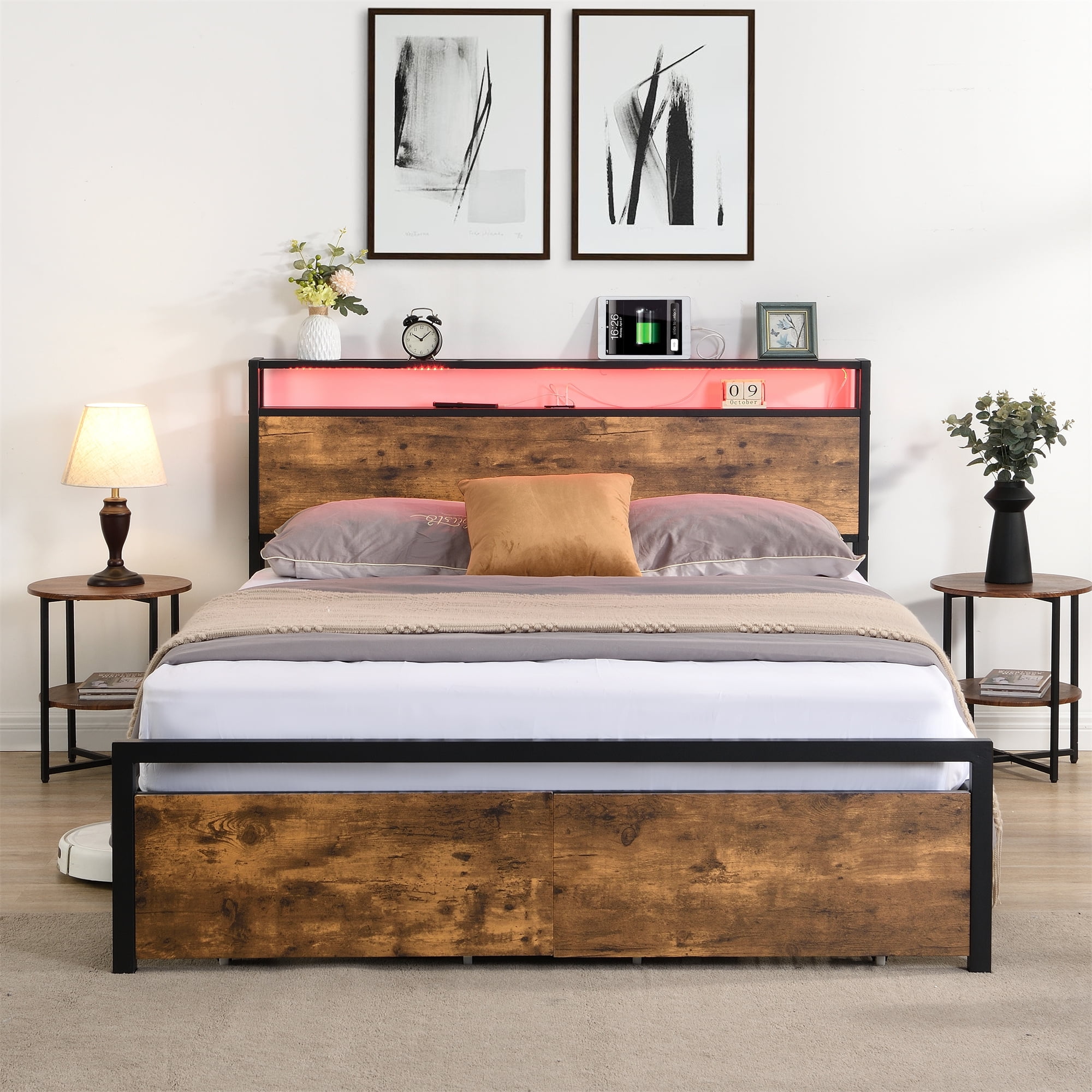 Miniyam Queen Size Bed Frame with RGB LED Lights, Charging Station, 2 Drawers and Storage Headboard