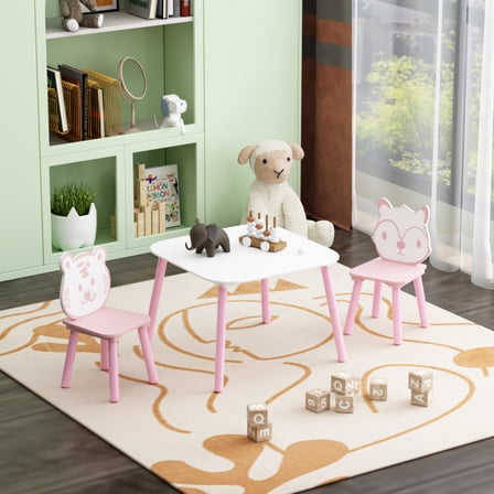 Noble House Kids Play Table and Chairs Set, Wooden Toddler Activity Desk with Animal Backrests, Nursery, Pink and White