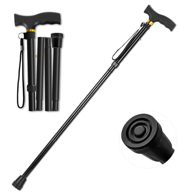 Bastón ANCKNE para mujer | Bastón ligero, ajustable en 5 niveles de altura y plegable de aluminio para personas mayores | Mango ergonómico con ruedas | Bastón portátil plegable (negro)