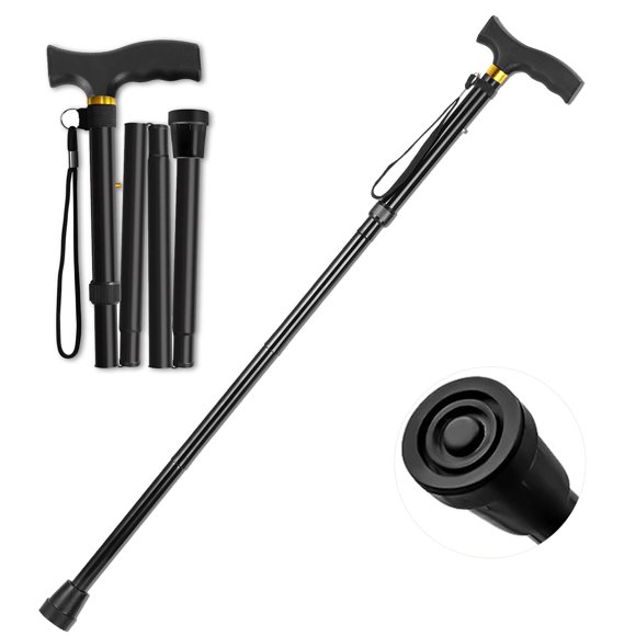 Bastón ANCKNE para mujer | Bastón ligero, ajustable en 5 niveles de altura y plegable de aluminio para personas mayores | Mango ergonómico con ruedas | Bastón portátil plegable (negro)