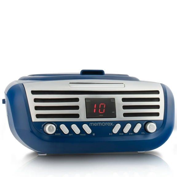Memorex MX-BCD100(L) Retro Style Top Loading CD Player | Portable AM/FM Stereo Receiver with Programmable Memory, Red LED Display, and Foldable Carrying Handle (Blue)