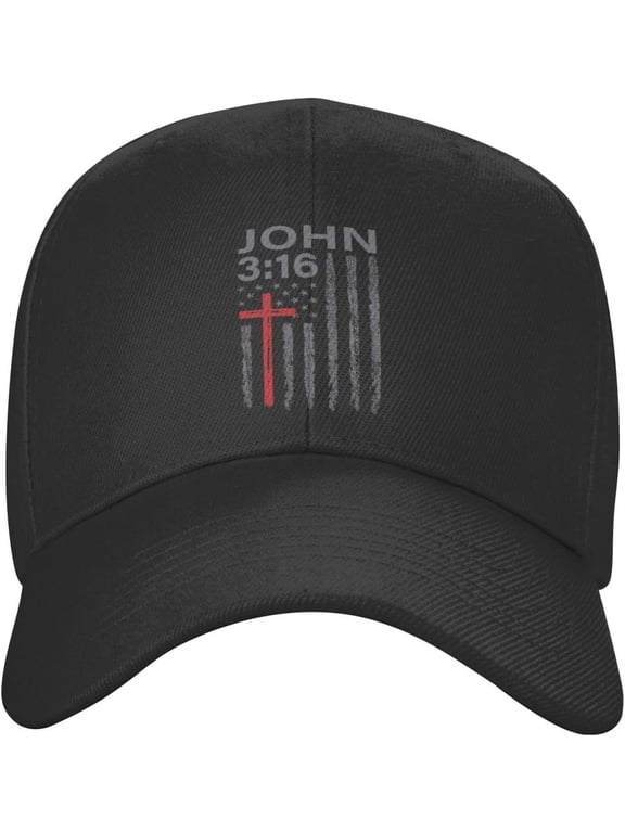 Hat John 3:16, Faith, Cross, American Flag, Patriotic Baseball Cap Men Gifts Trucker Hat Women Sun Hat Dad Cap Black