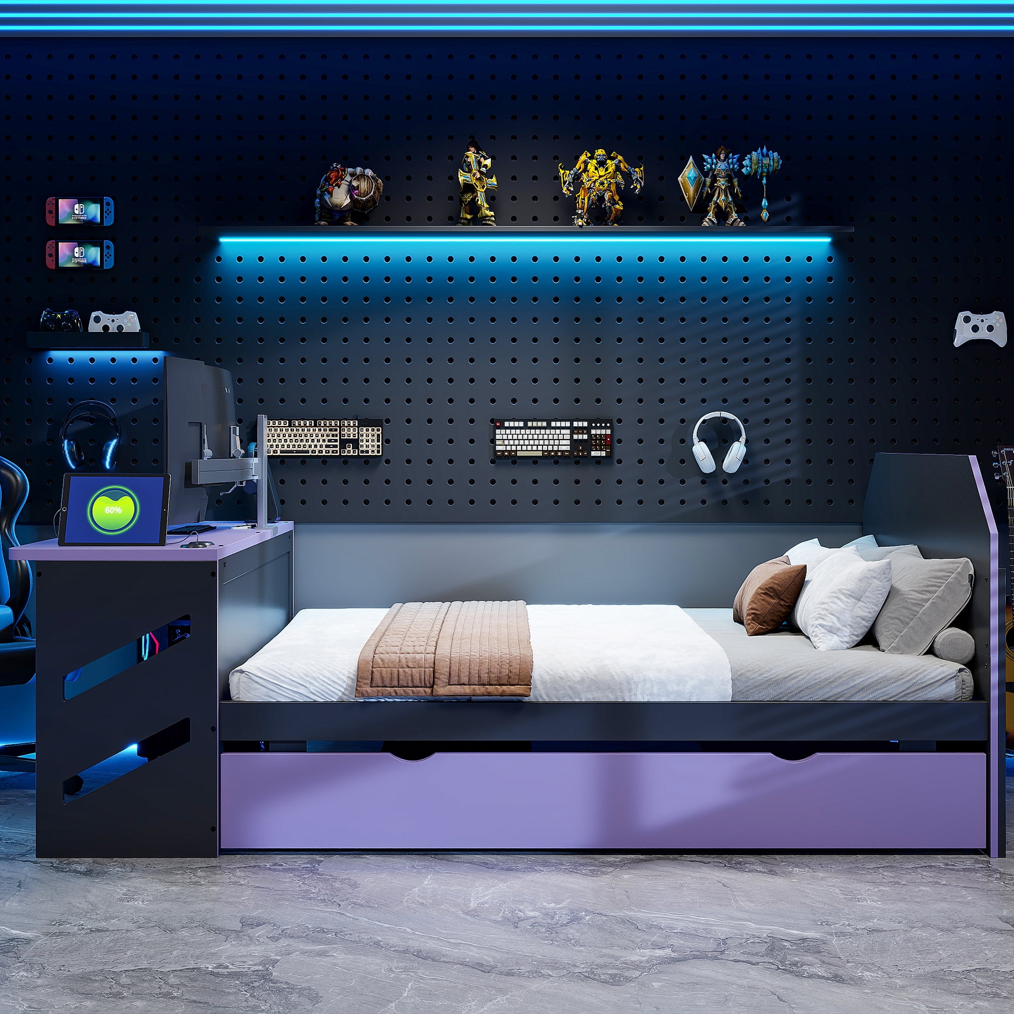 Mintazer Full Size Gaming Daybed with Pull-Out Twin Size Trundle & Desk, Platform Bed Frame with USB for Bedroom Dorm, Black & Purple