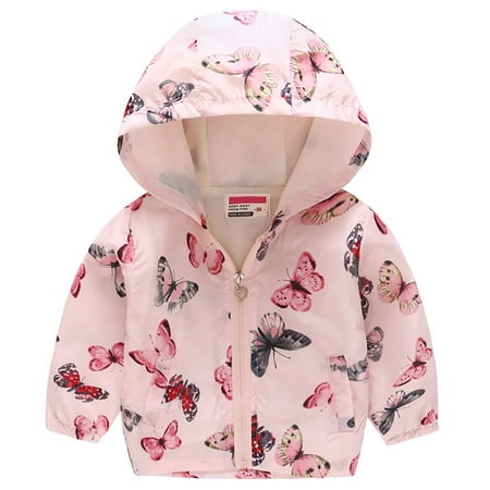 

1-6T Kids Girls Waterproof Windbreaker Printed Hooded Jackets Lined Rain Jackets - Pink Butterfly