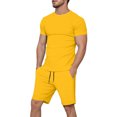 thumbnail image 3 of Mens Short Sets 2 Piece Outfits Summer Casual Soft Breathable Cotton Short Sleeve Shirts and Shorts Solid Color Men's Fashion Clothes Yellow, Size XL, 3 of 7