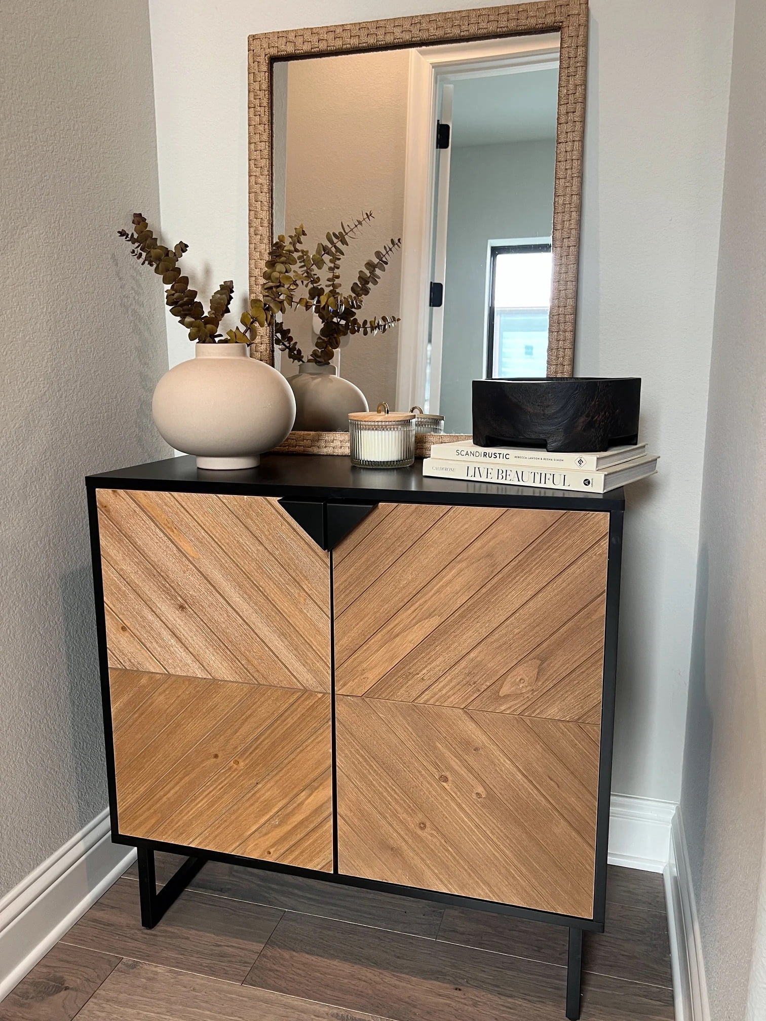 Nathan James Enloe Brushed Fir Rustic Doors Black Metal Frame Base Modern Accent Storage Cabinet for Entryway
