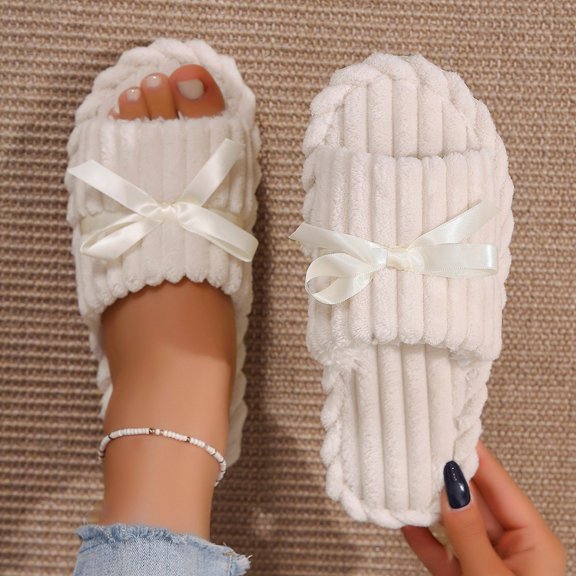 Women Ribbed Fleece Satin Bow Open Toe Slide Slippers White 5.5-6