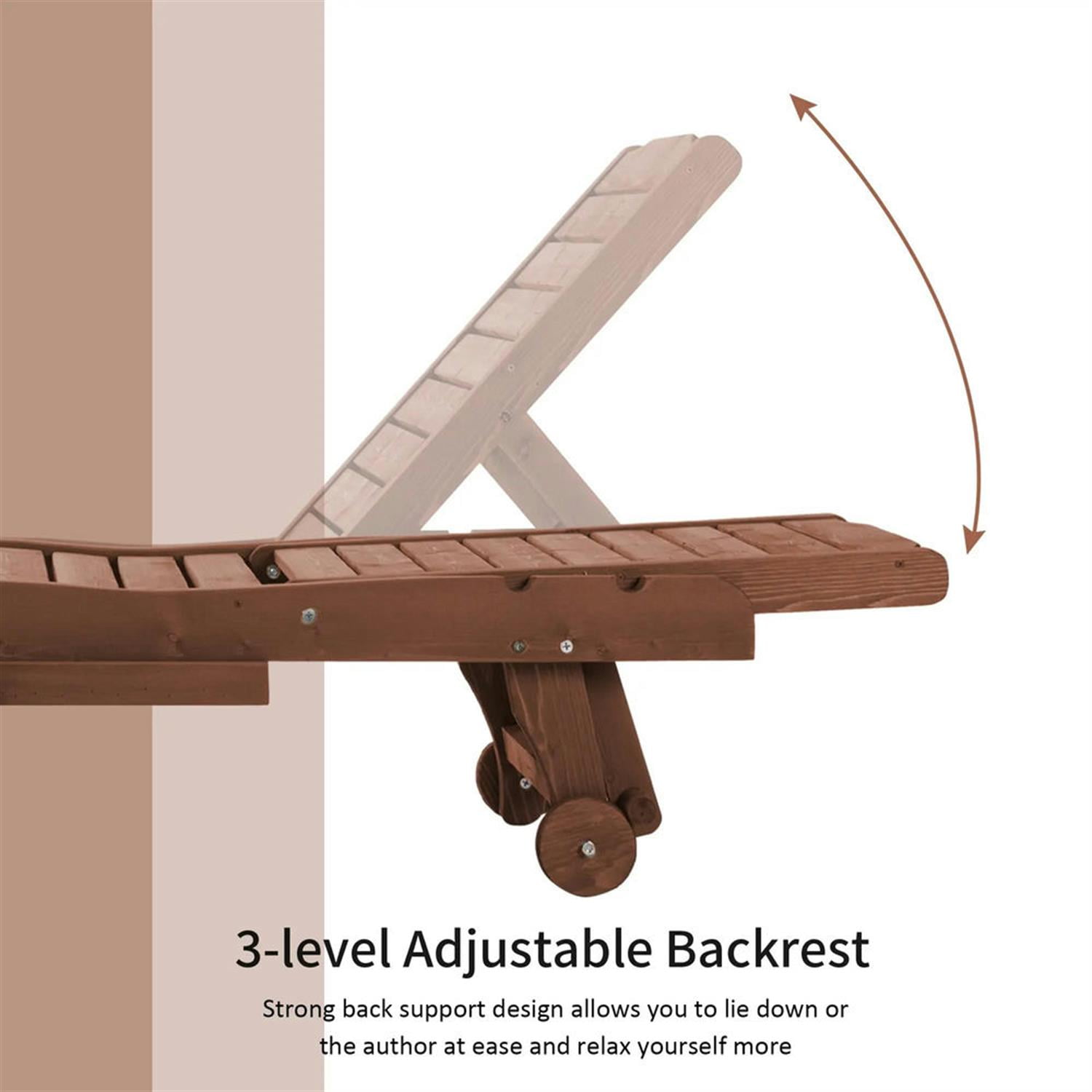 Demi Bonn Outdoor Wooden Chaise Lounge with 3-Position Backrest, Integrated Table & Casters for Beach Poolside Sunbather, Brown