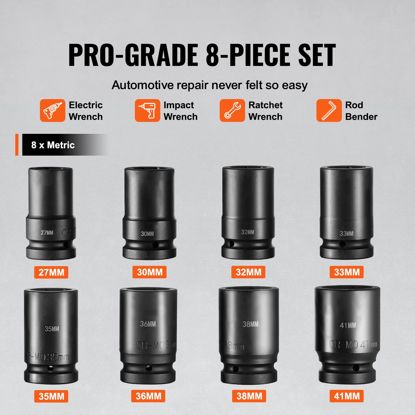 KFFKFF 1" Drive Deep Impact Socket Set, 8 Pcs, Metric 27-41mm, 6-Point, Cr-Mo Steel, for Vehicle Maintenance, Clear Size Labels, Durable Build, Comes with Case