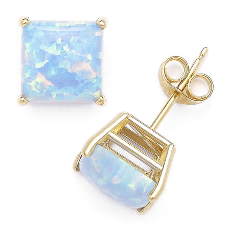Square Cabochon Azure Blue Opal Stud Earrings in Solid 14k Yellow Gold
