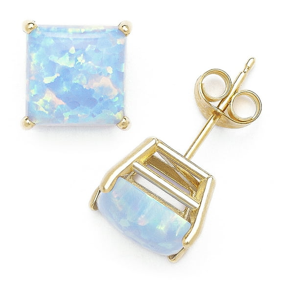 Square Cabochon Azure Blue Opal Stud Earrings in Solid 14k Yellow Gold