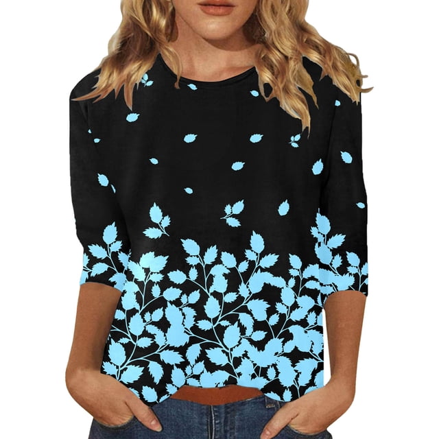 TSADFHJI Hauts de Sortie pour Femmes Tendance Femmes Décontracté Col Rond Manches Trois Quarts Style Ethnique Rétro T-Shirt Imprimé Décontracté m Argent