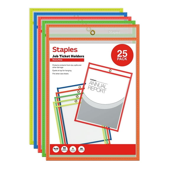 Staples Heavyweight Stitched Job Ticket Holder 9" x 12" Assorted Colors 25/Pack (ST63076)
