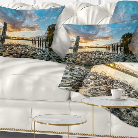 Designart Riverside Sunset with Wood - Modern Seascape Throw Pillow - 12x20
