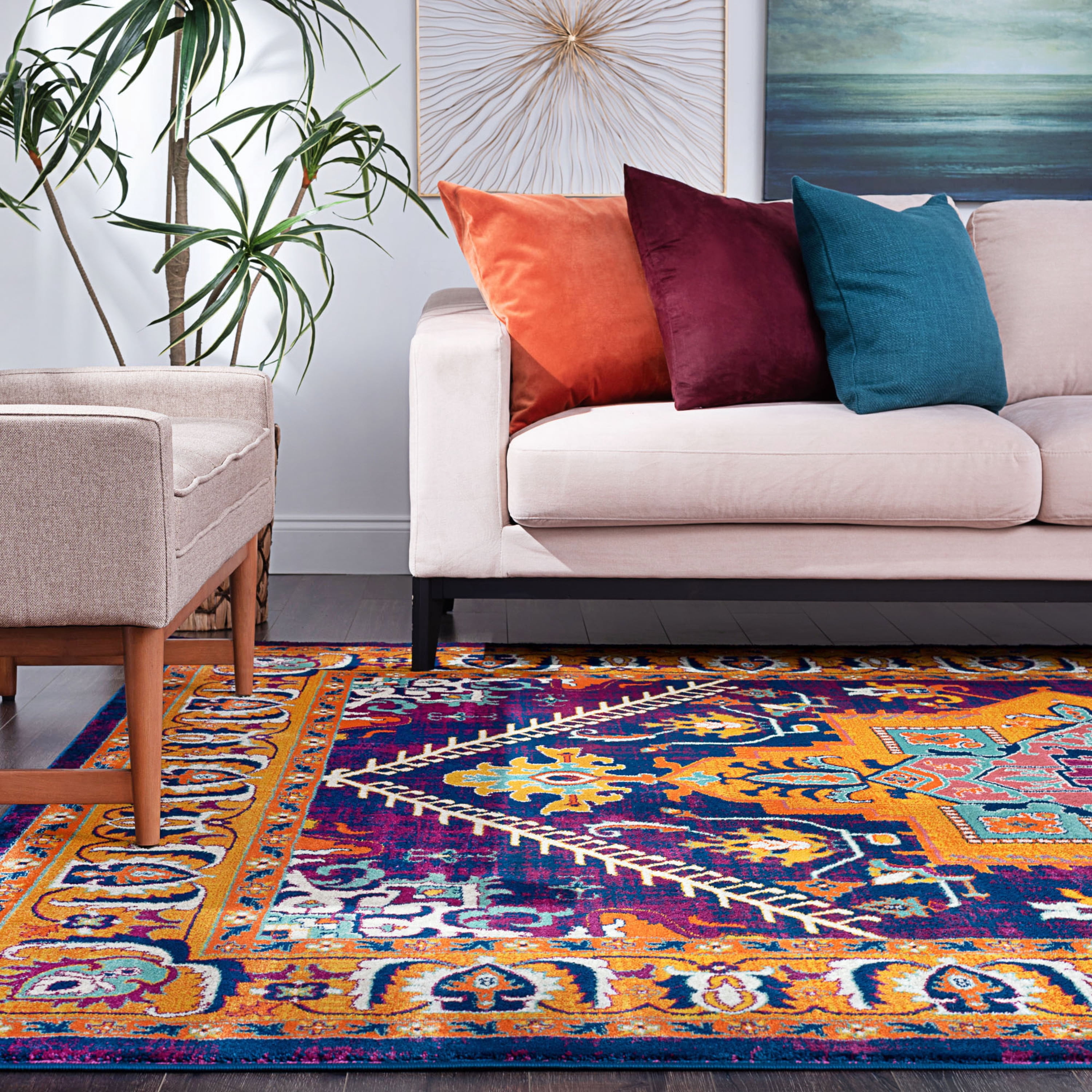 Transitional 9x12 Area Rug (8'9'' x 12'3'') Oriental Gold, Purple Living Room Easy to Clean