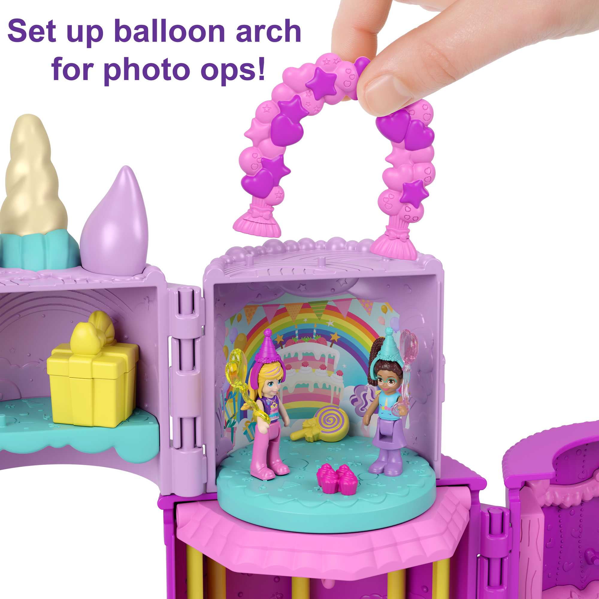 Polly Pocket 2-in-1 Spin 'n Surprise Birthday, Unicorn Toy with 2 Micro Dolls, Multi-Color