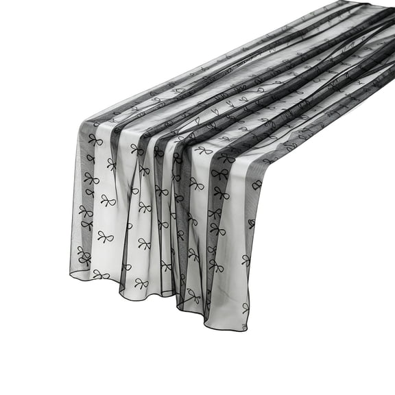 Tulle Table Runner with Bow Elegant Sheer Gauze, Decorative Table Cover for Holiday Wedding Party, Special Event Banquet Home Decoration,Black
