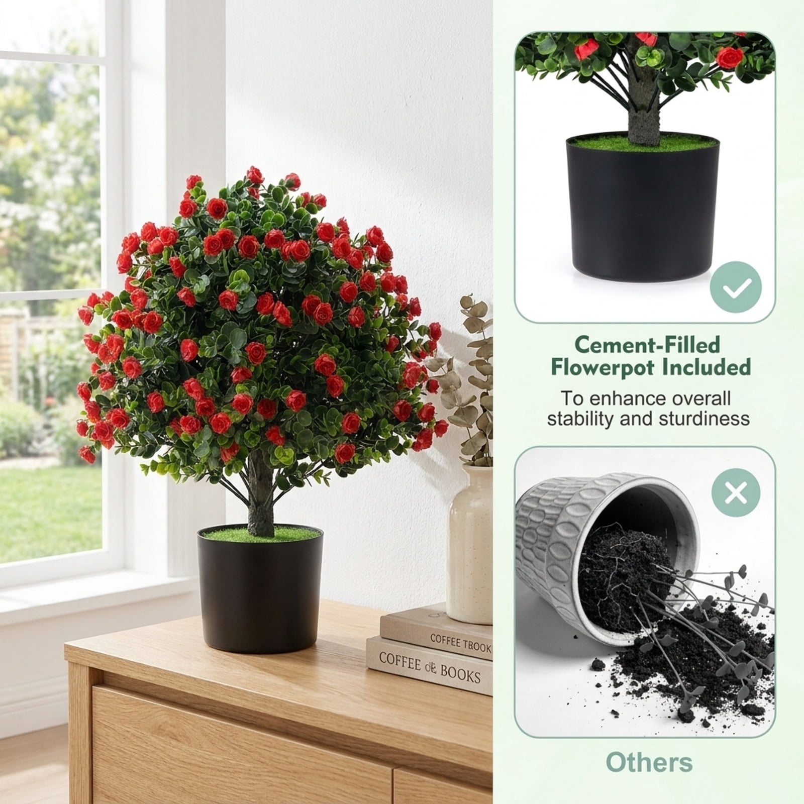 Vebreda Artificial Plant Decor, 2 Pack Artificial Rose Topiary Ball Trees with PP Cement-Filled Flowerpot for Home, Realistic Floral Ball Design