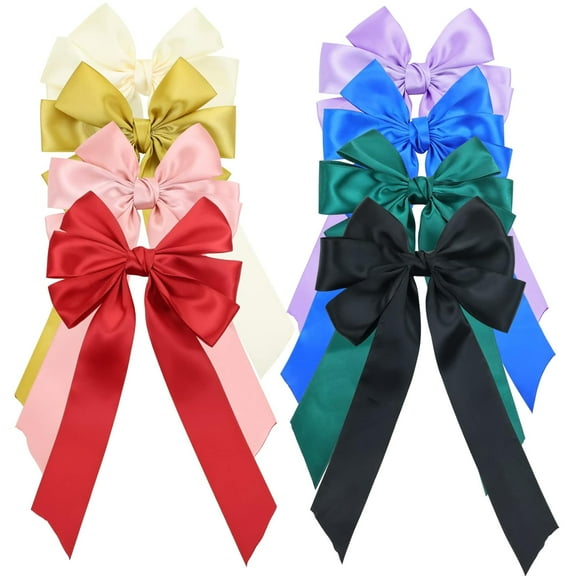 8 Pack Big Hair Bow French Barrettes with Long Ribbon Bow Hair Clips Ponytail Holders Accessories for Women Girls Teens Kids