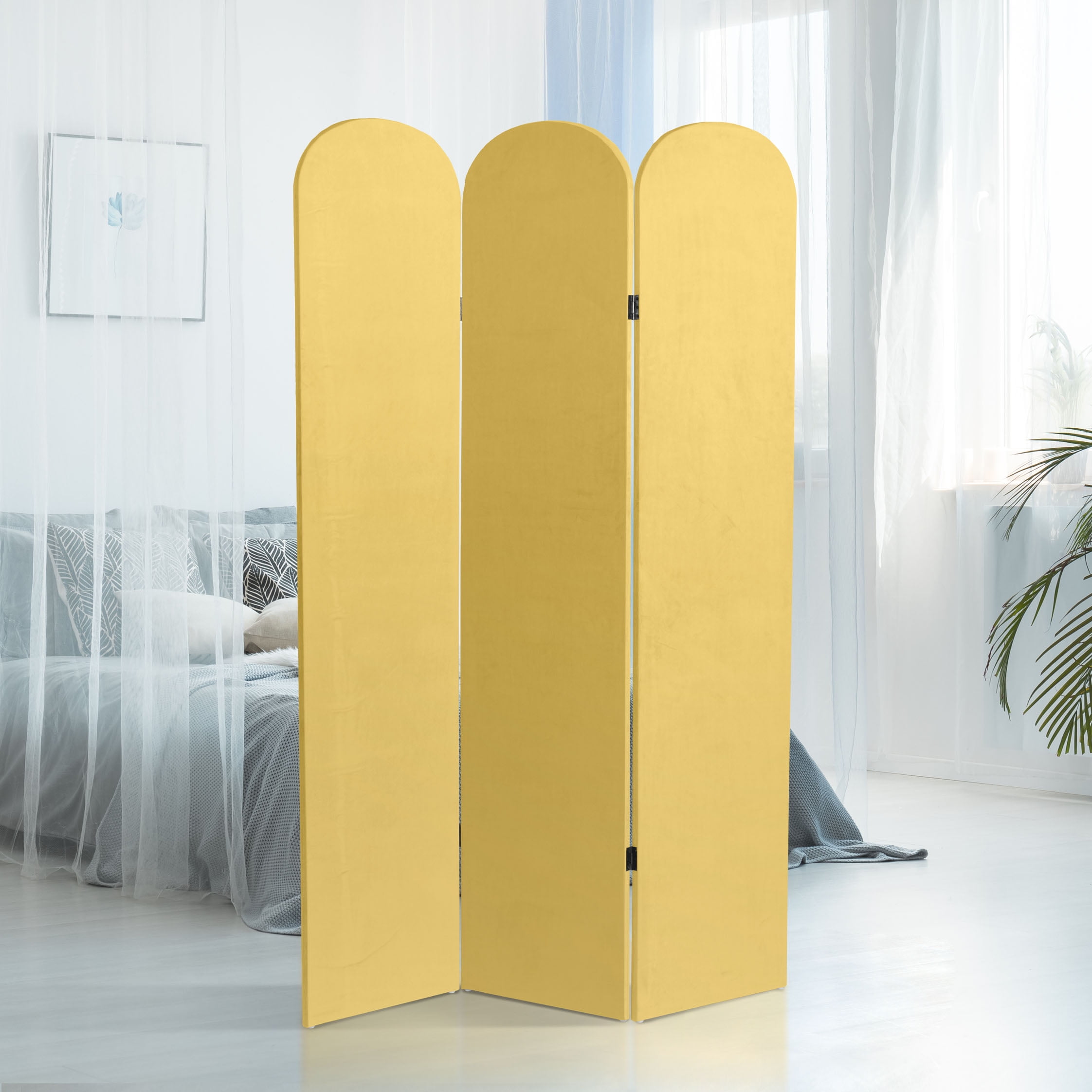 6 ft. Classic Arch Velvet Room Divider Yellow 3 Panel