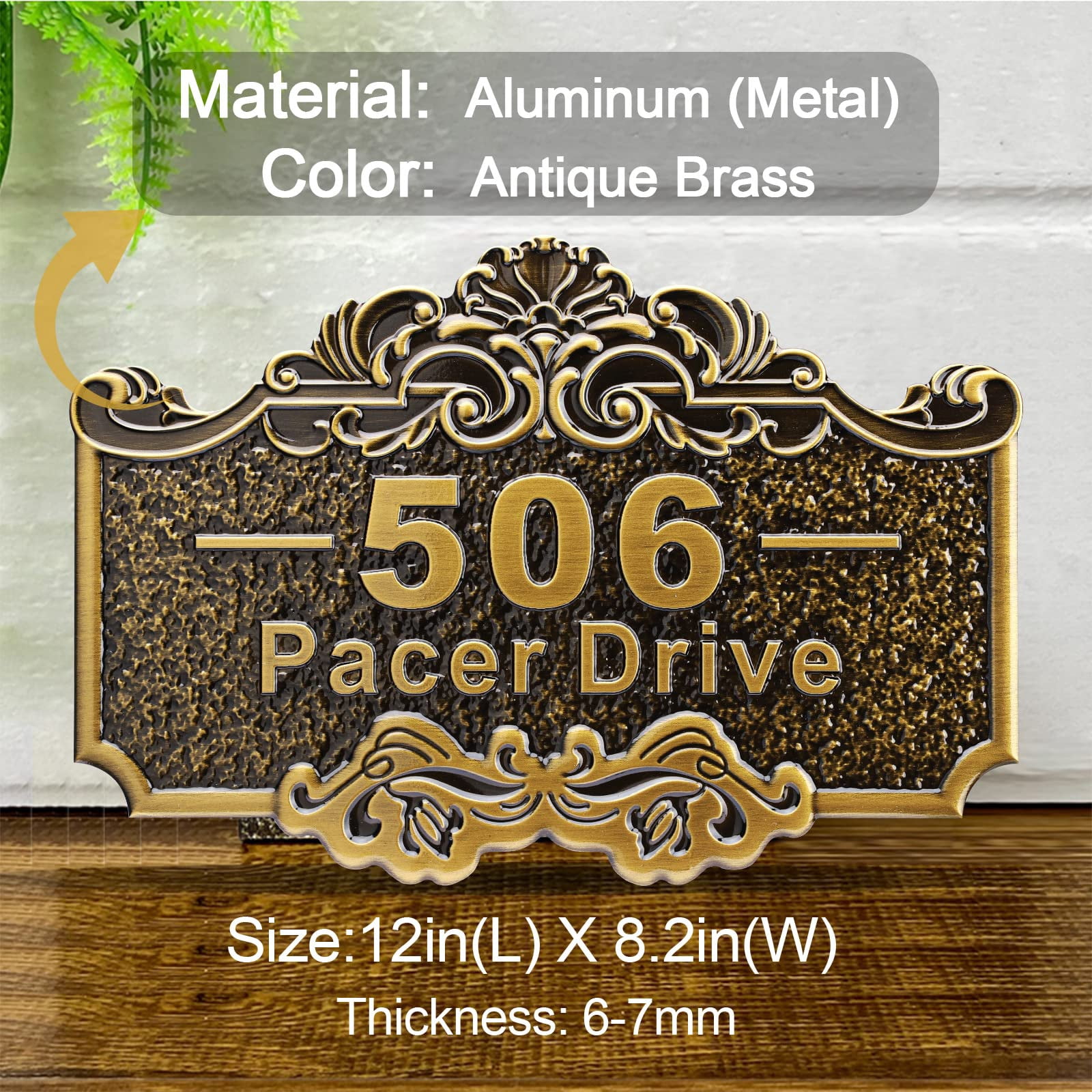 Personalized House Address Plaque 12" Cast Numbers for Outside Custom Street Name Address Sign Plate Vintage for Mailbox Door Room Classic Wall Outdoor Antique Brass