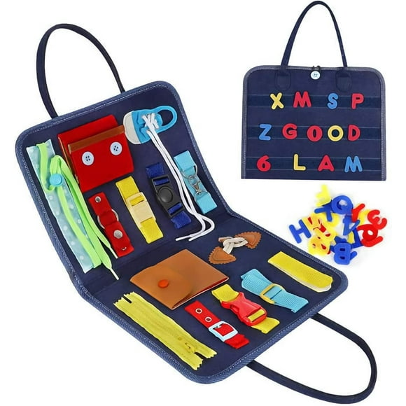 TFixol Busy Board Montessori Toys for Toddlers Sensory Toys Gifts for 1 2 3 4 5 Year Old Boys and Girls, Toddler Busy Board for fine Motor Skill Activities for Travel car Airplane (Blue)