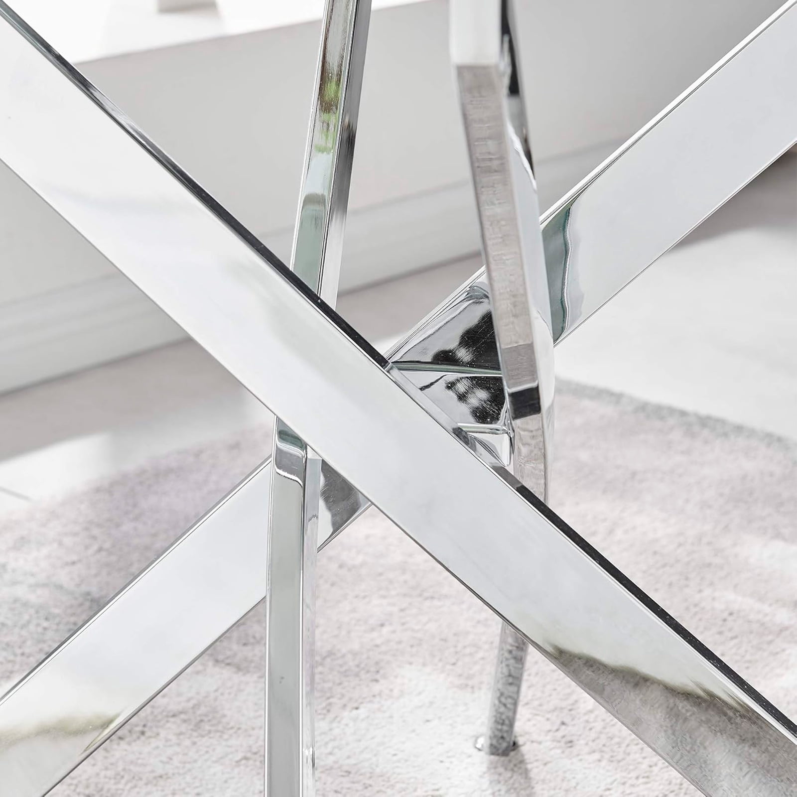 Heavenly Collection Table à manger rectangulaire argentée en verre trempé avec base croisée en métal pour salle à manger ou cuisine