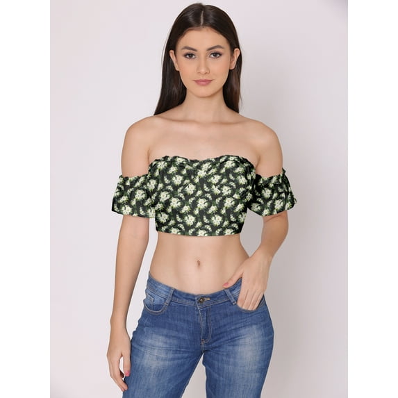HERE&NOW Women's Printed Off Shoulder Cute Tube Top Short Puff Sleeves High Waist Casual Wear Summer Crop Top