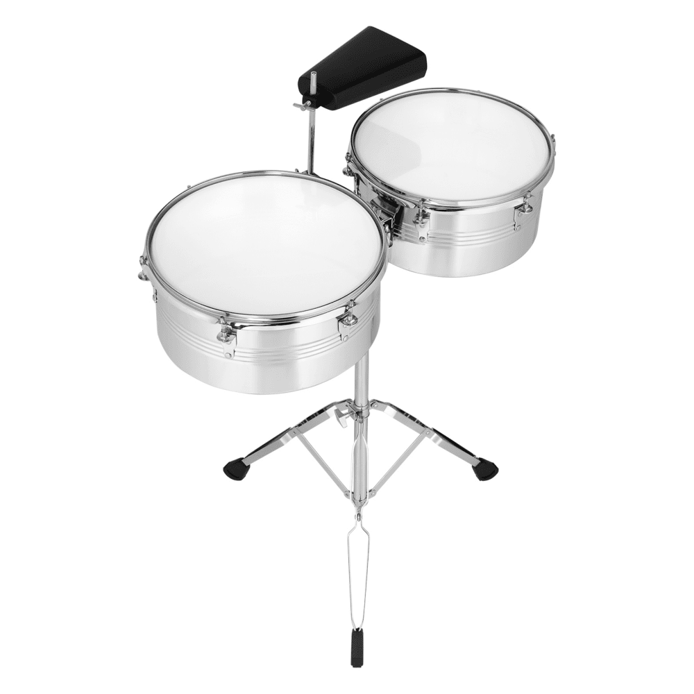 Tcbosik 13" & 14" Timbale Drum Set with Stand and Cowbell, Beginner Percussion Kit, Silver