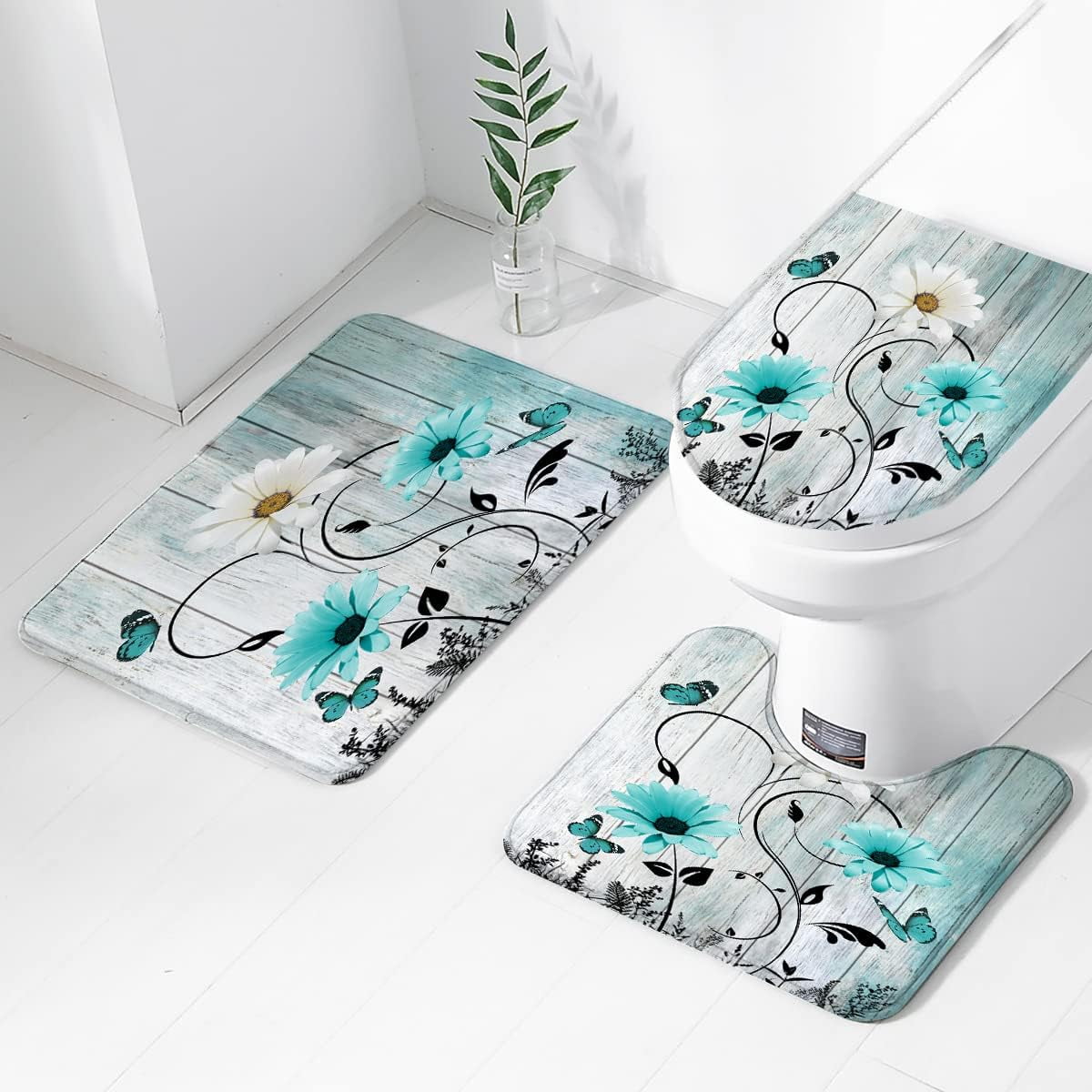 4 Piece Teal Turquoise Shower Curtain Set Aqua Floral Blue White Curtains Decor with Non-Slip Rugs, Toilet Lid Cover and Bath Mat Bathroom Accessorie Home Bathtub Set