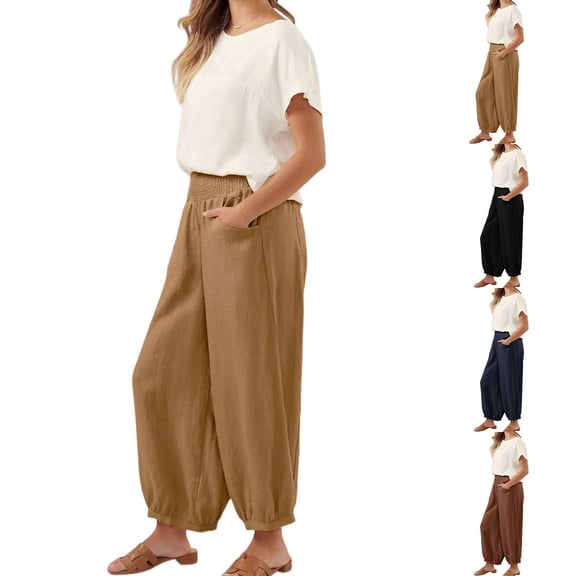 Delayuji Womens Wide Leg Pants Cotton Linen Pants Barrel Pants Baggy Elastic Waisted Pants Loose Trousers With Pockets