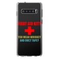 thumbnail image 1 of DistinctInk Clear Shockproof Hybrid Case for Samsung Galaxy S10+ PLUS (6.4" Screen) - TPU Bumper Acrylic Back Tempered Glass Screen Protector - First Aid Kit - Whiskey & Duct Tape, 1 of 2