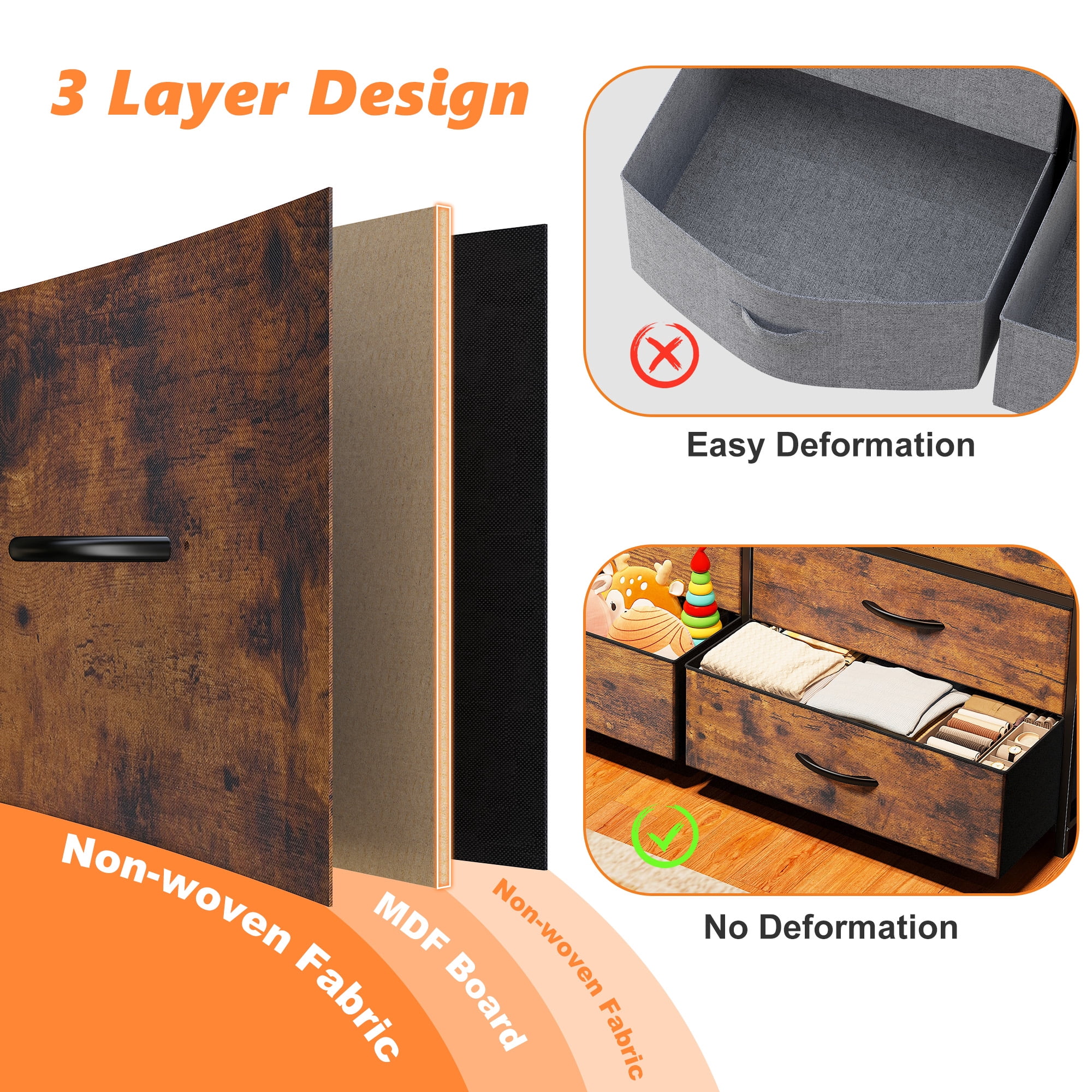 EnHomee 55"Long Dresser for Bedroom 10 Drawers Wide Dresser with LED Nights and Charging Station Fabric Dressers & Chests of Drawers,Rustic Brown