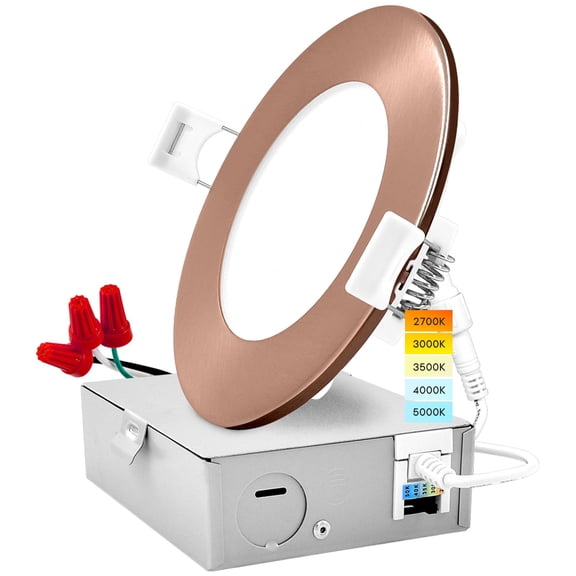 Luxrite 4 inch Ultra Thin LED Recessed Light with J-Box 10W 5 Color Options Dimmable 750 Lumens Copper Trim IC Rated