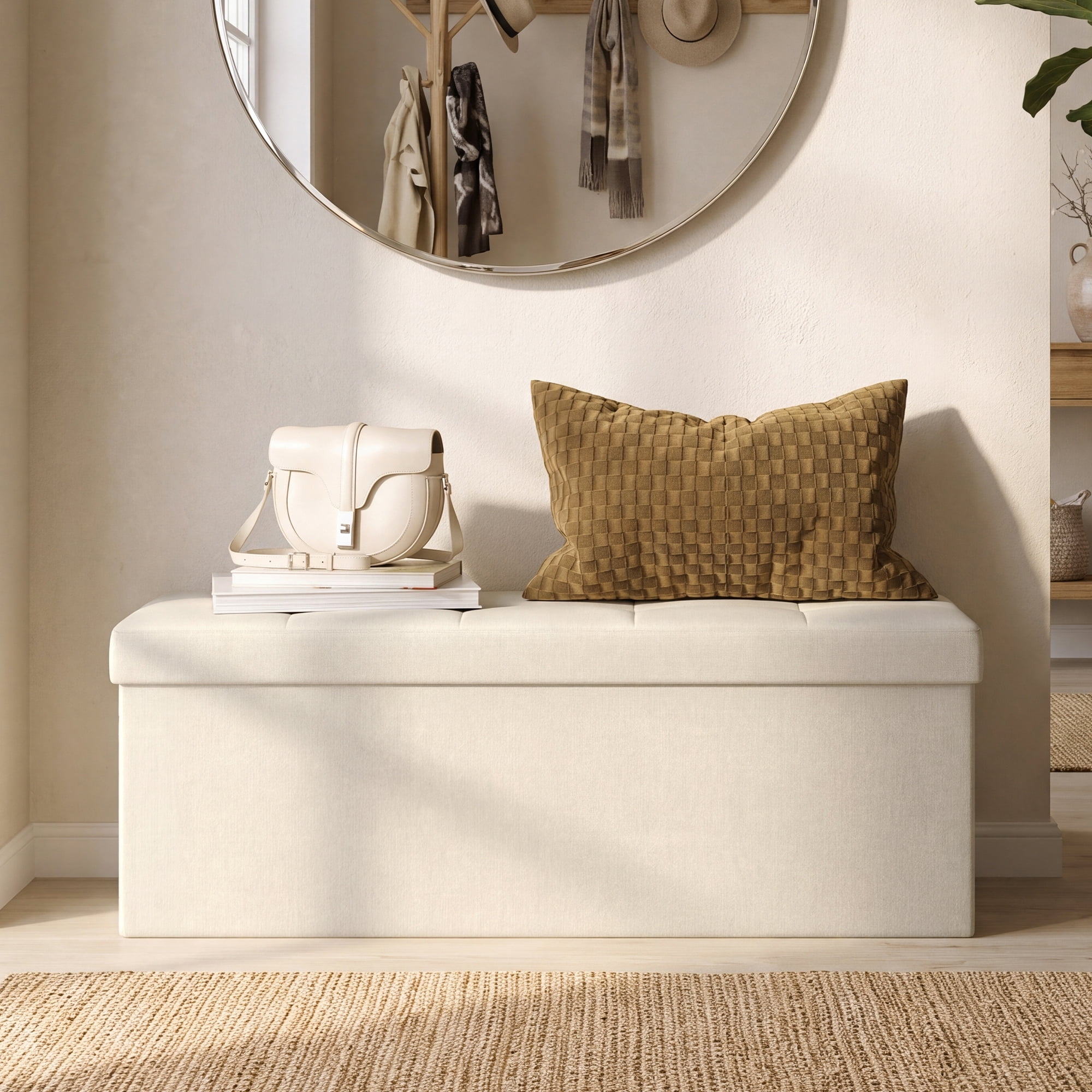 Ledrem Cream White Folding Storage Ottoman Bench with 660lb Capacity, Ottoman with Storage, Footrest