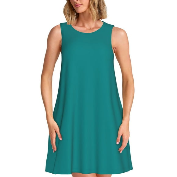 Bixox Teal Print Women's Sleeveless A-Line Dress with Pockets, Casual Knee-Length Tank Dress for Summer-Medium