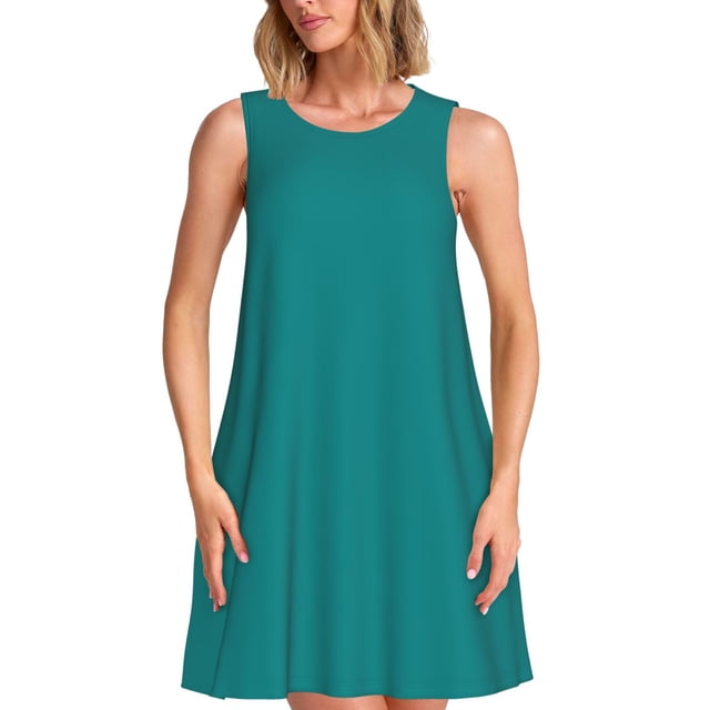 Fotbe Teal Vestido de Verano sin Mangas para Mujer – Vestido Midi Línea A, Estilo Camiseta Floral, Vestido Playero Casual y Fluido