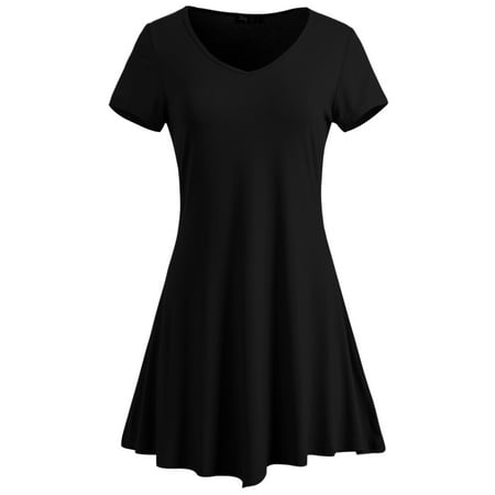 Beaded Handkerchief Hem Dress - ililily Women V Neck Short Sleeve Solid Handkerchief Hem Tunic Flare Dress , Black, US-Medium