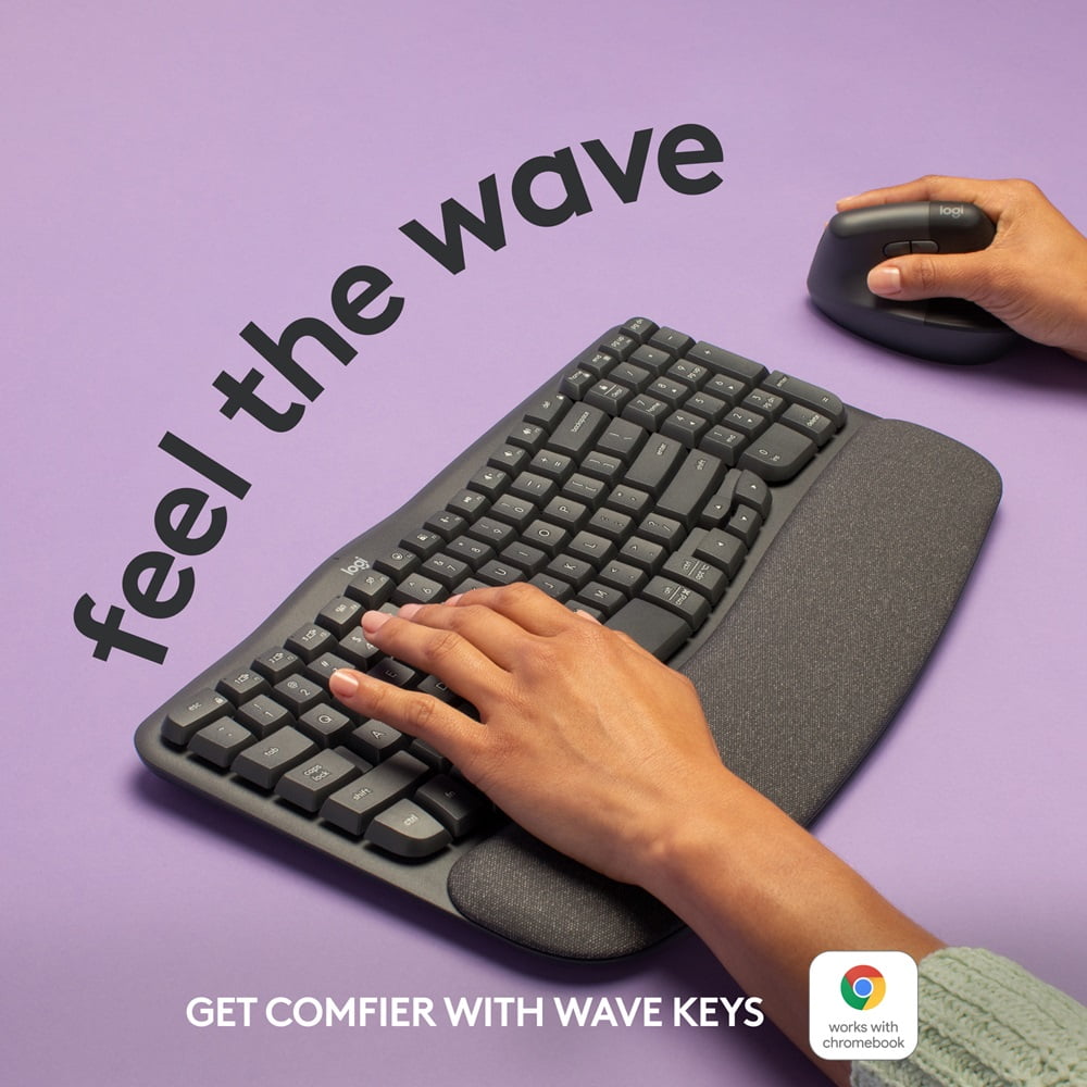 Logitech Wave Keys Wireless Ergonomic Keyboard with Cushioned Palm Rest - Graphite